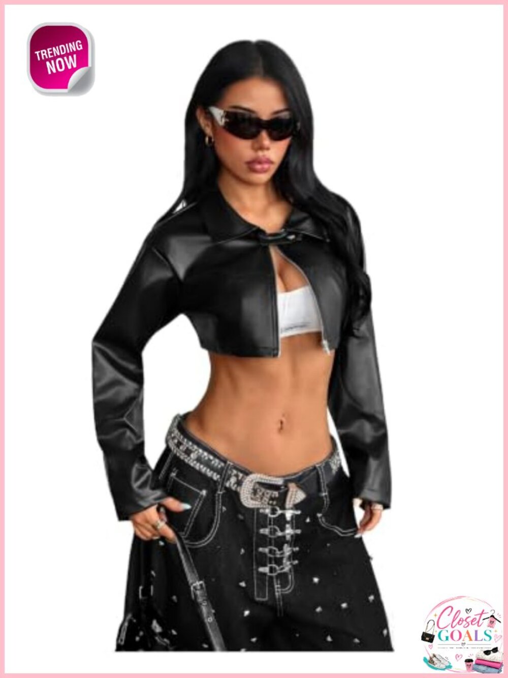 Faux Leather Cropped Moto Jacket Zip Up Collared Bomber
